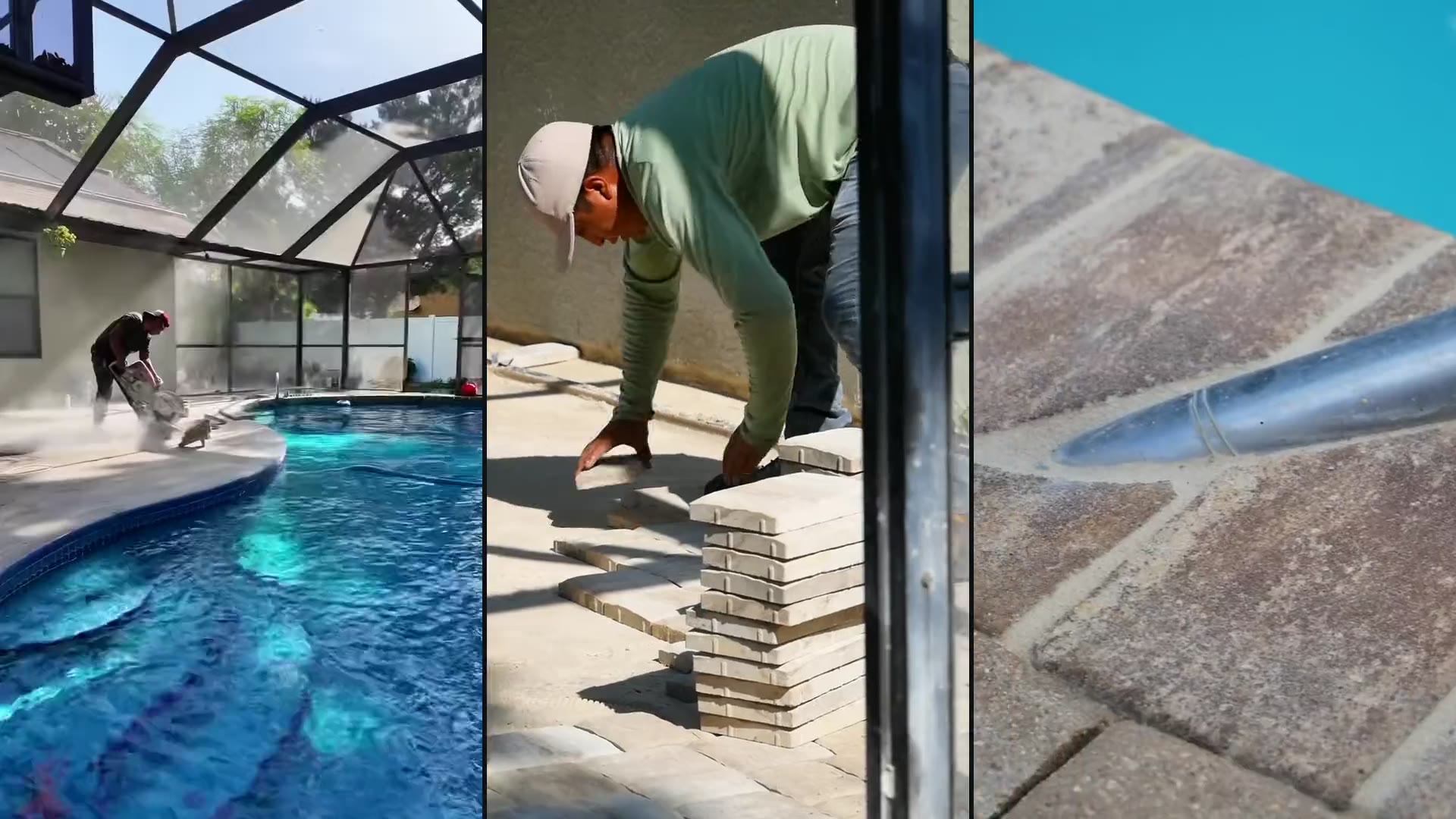 Three stages of one pool-deck job: the old deck coming up, new pavers being laid, and the finished deck beside the pool.