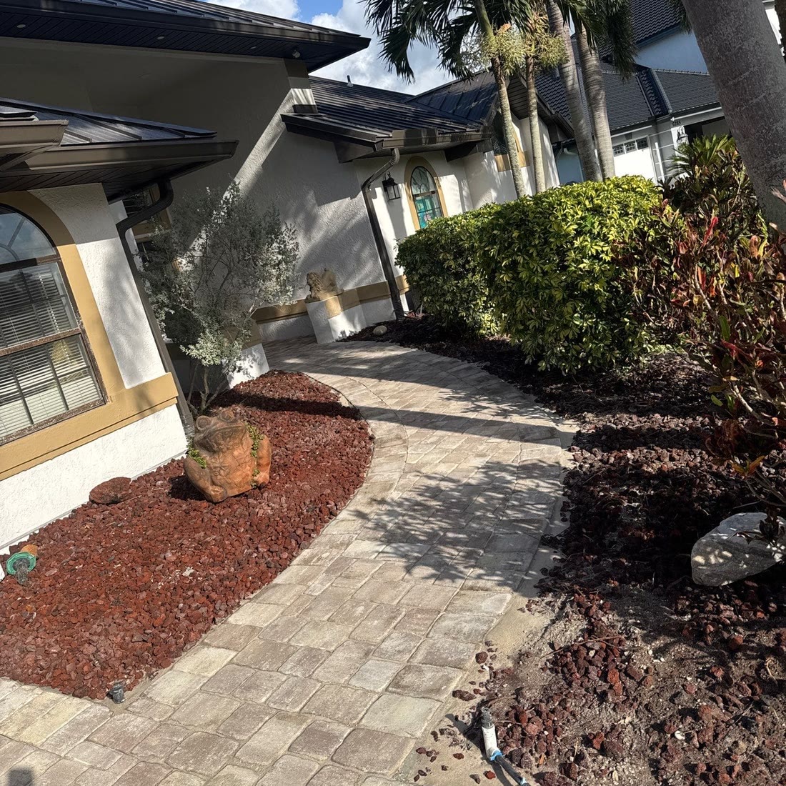 A paver path curving between red mulch beds up to a house, palms and hedges beside it.