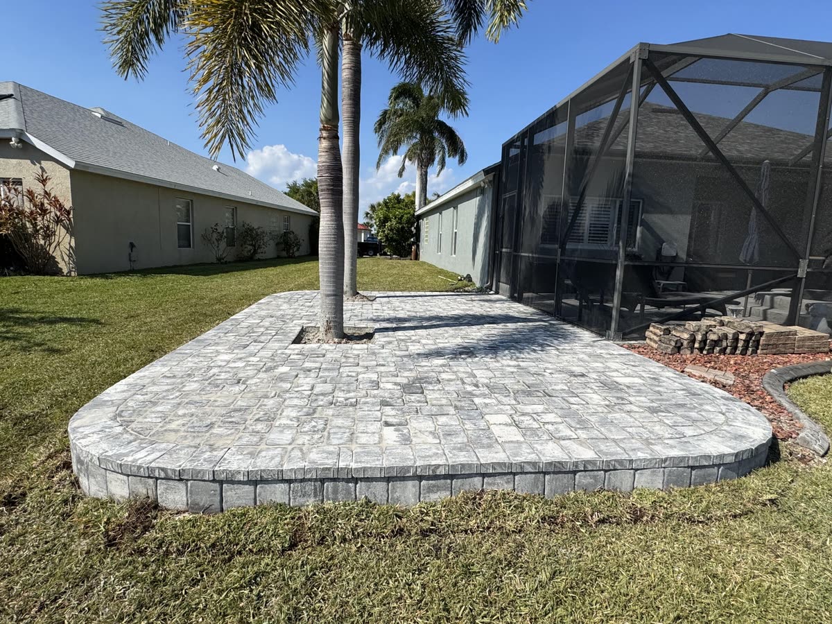 A raised paver pad built around a palm tree beside a screened pool.
