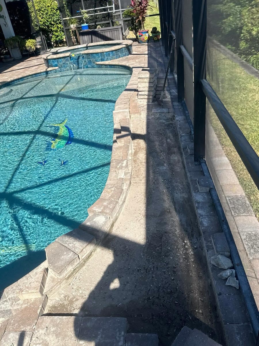 A curved pool and spa inside a screen enclosure, pavers running along the edge.